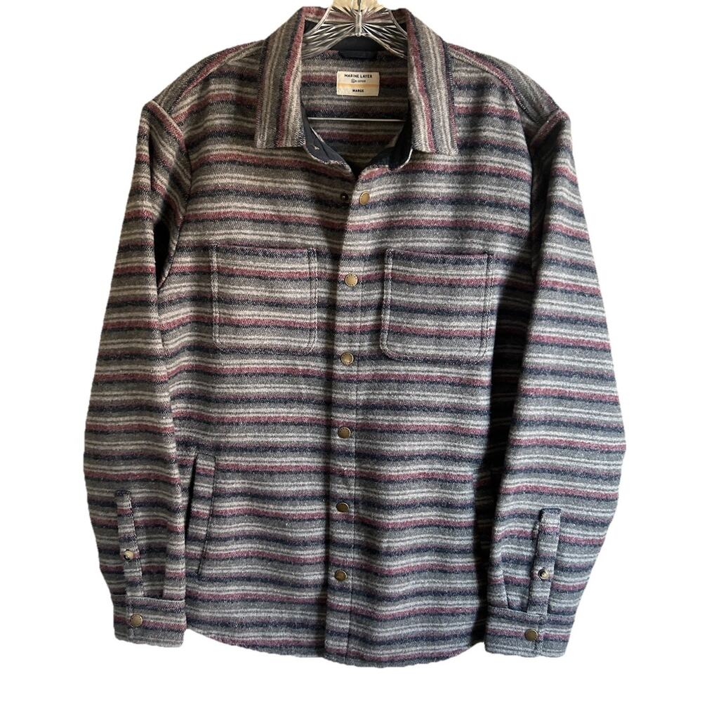 Marine Layer Shirt Jacket Mens M/L Gray Stripe Button Front Chore Coat Polyester
